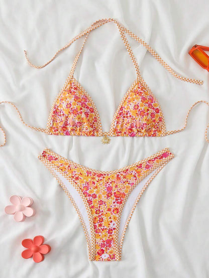 Women's 2-Piece Boho Halter Bikini Set - Gold Accessory, High-Cut, Floral Print, Multicolor