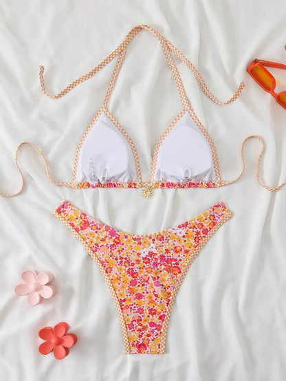Women's 2-Piece Boho Halter Bikini Set - Gold Accessory, High-Cut, Floral Print, Multicolor