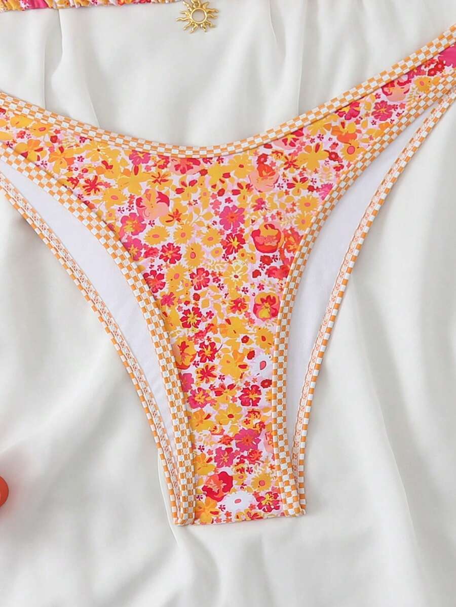 Women's 2-Piece Boho Halter Bikini Set - Gold Accessory, High-Cut, Floral Print, Multicolor