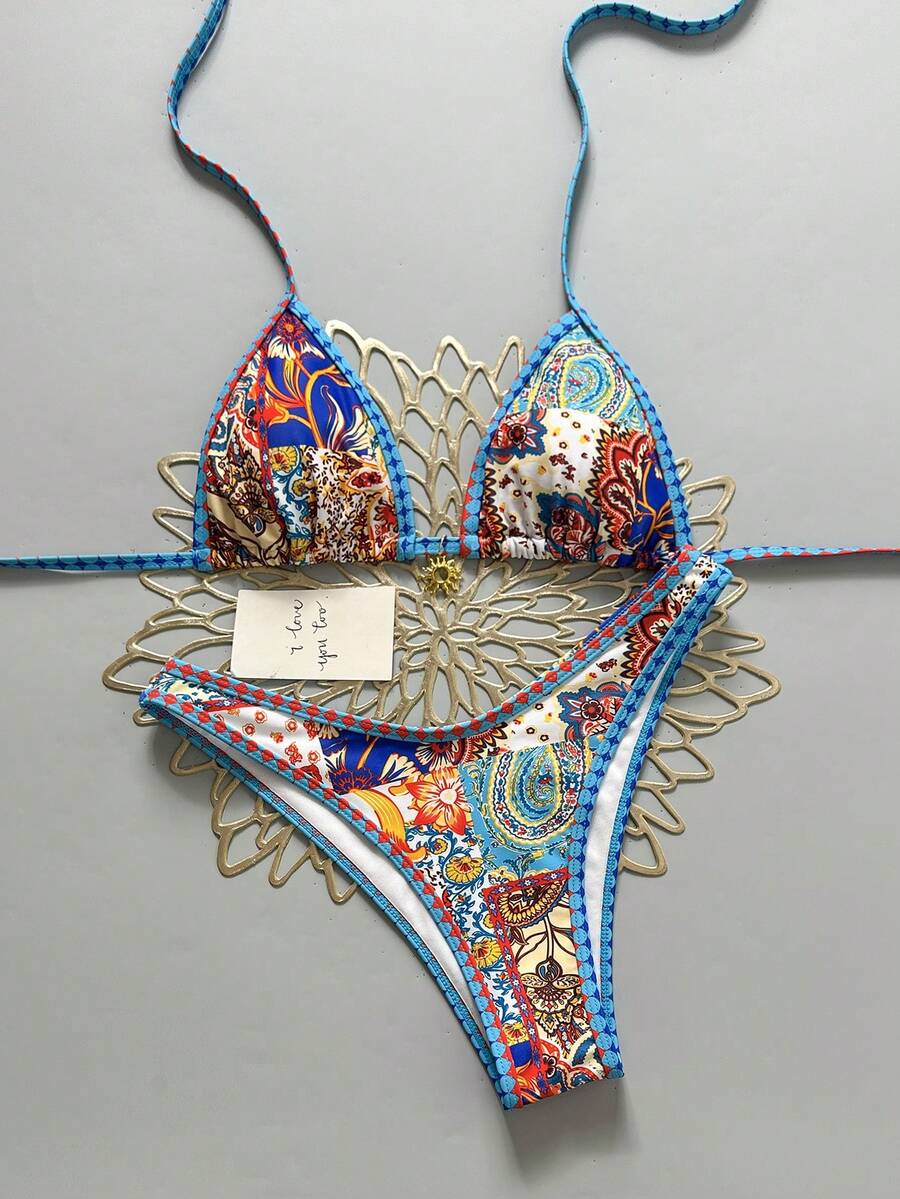 Women's 2-Piece Boho Halter Bikini Set - Gold Accessory, High-Cut, Floral Print, Multicolor