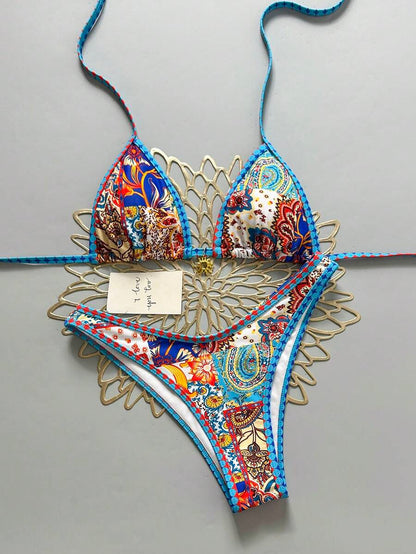 Women's 2-Piece Boho Halter Bikini Set - Gold Accessory, High-Cut, Floral Print, Multicolor
