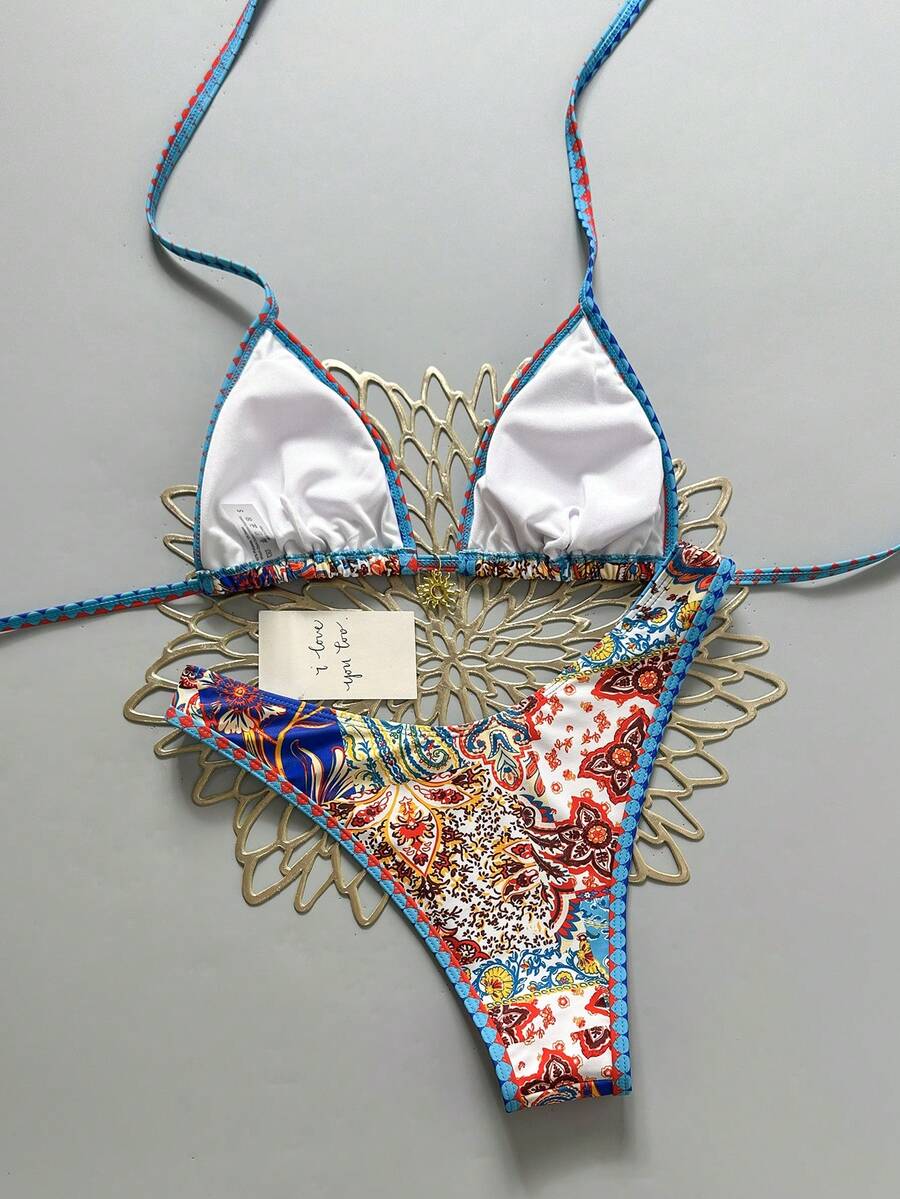 Women's 2-Piece Boho Halter Bikini Set - Gold Accessory, High-Cut, Floral Print, Multicolor