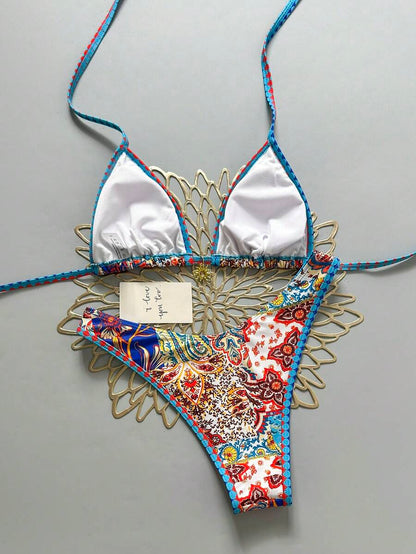 Women's 2-Piece Boho Halter Bikini Set - Gold Accessory, High-Cut, Floral Print, Multicolor