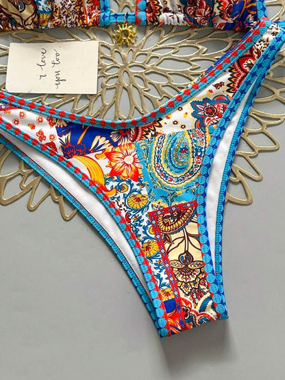 Women's 2-Piece Boho Halter Bikini Set - Gold Accessory, High-Cut, Floral Print, Multicolor