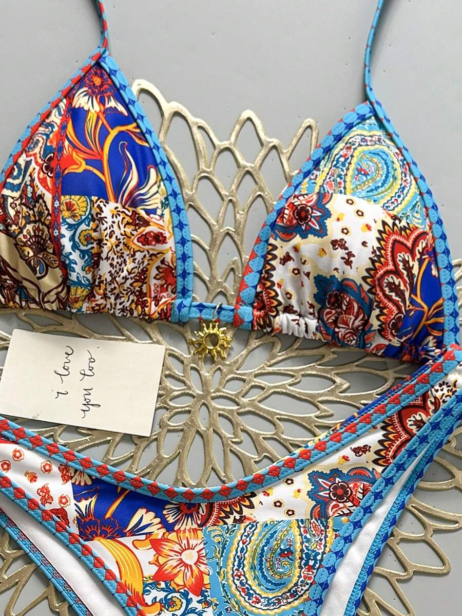 Women's 2-Piece Boho Halter Bikini Set - Gold Accessory, High-Cut, Floral Print, Multicolor