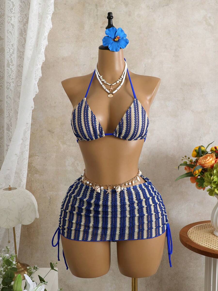 Women's 3-Piece Leopard Print Bikini Set - Halter Triangle Cup, Mesh Skirt, Tie Side, Multicolor