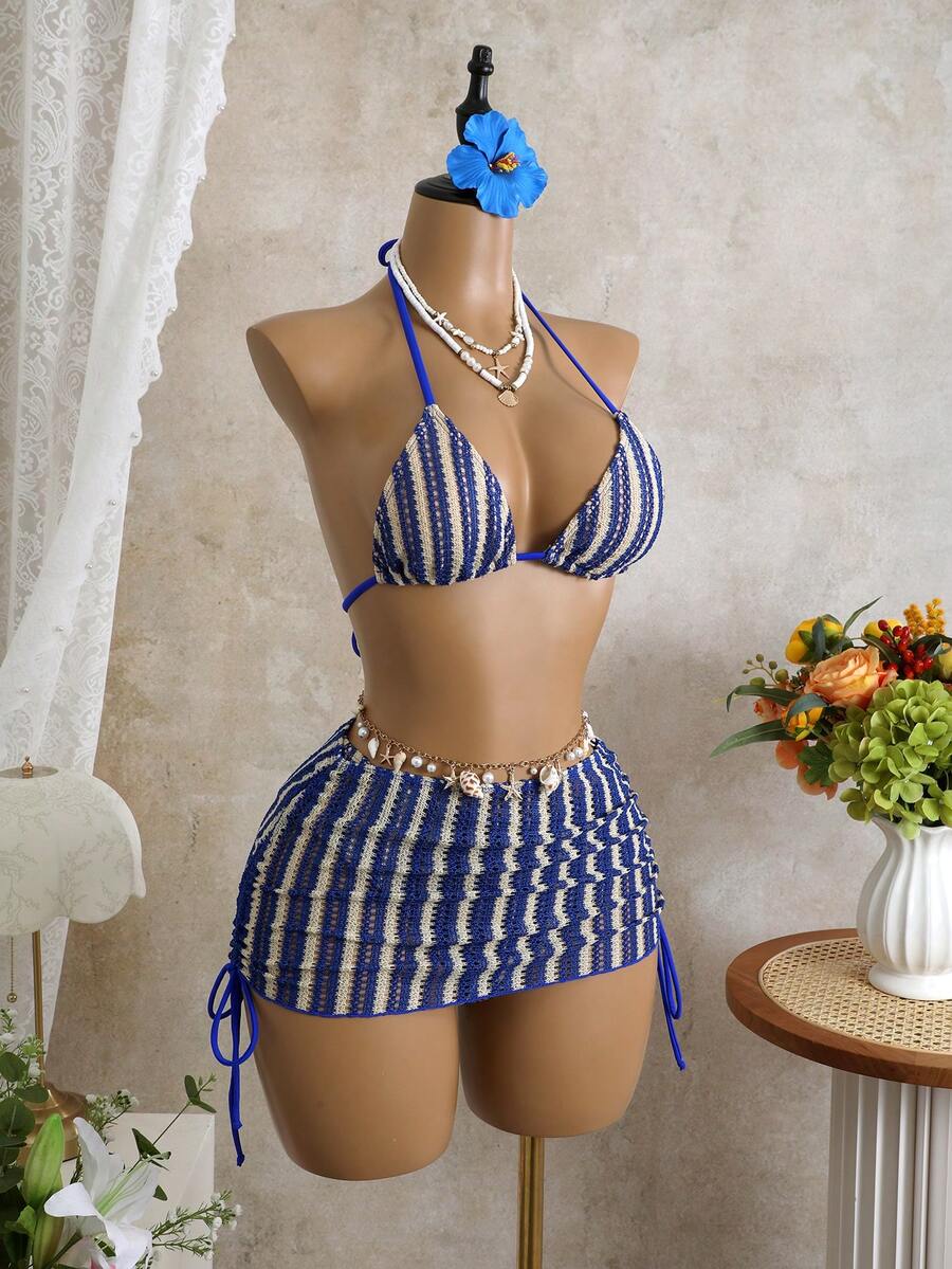 Women's 3-Piece Leopard Print Bikini Set - Halter Triangle Cup, Mesh Skirt, Tie Side, Multicolor
