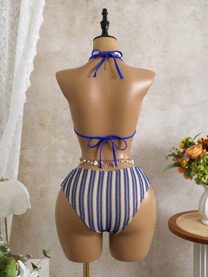 Women's 3-Piece Leopard Print Bikini Set - Halter Triangle Cup, Mesh Skirt, Tie Side, Multicolor