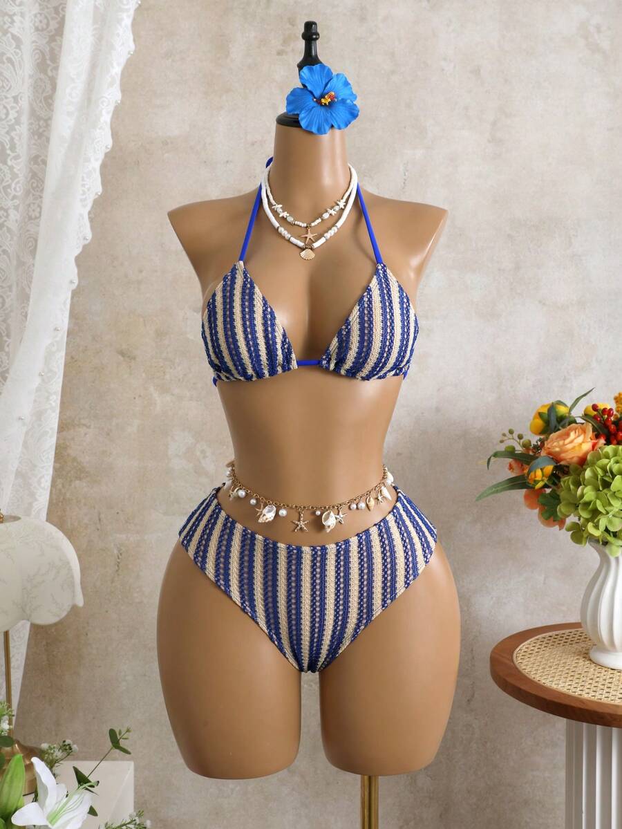 Women's 3-Piece Leopard Print Bikini Set - Halter Triangle Cup, Mesh Skirt, Tie Side, Multicolor