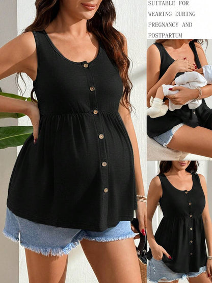 Black Nursing Maternity Tank Top with Scoop Neck and Lace Up Detail Slim Fit High Stretch Postpartum Sleeveless Vest for Home Casual Wear