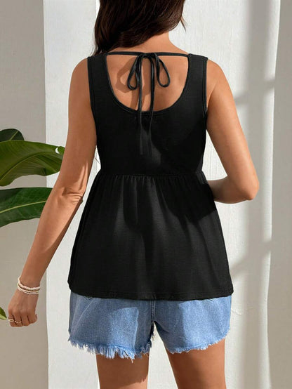Black Nursing Maternity Tank Top with Scoop Neck and Lace Up Detail Slim Fit High Stretch Postpartum Sleeveless Vest for Home Casual Wear