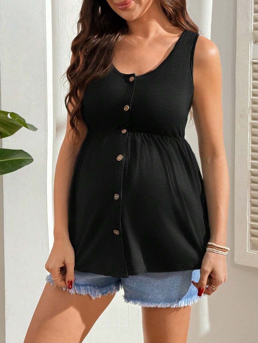 Black Nursing Maternity Tank Top with Scoop Neck and Lace Up Detail Slim Fit High Stretch Postpartum Sleeveless Vest for Home Casual Wear