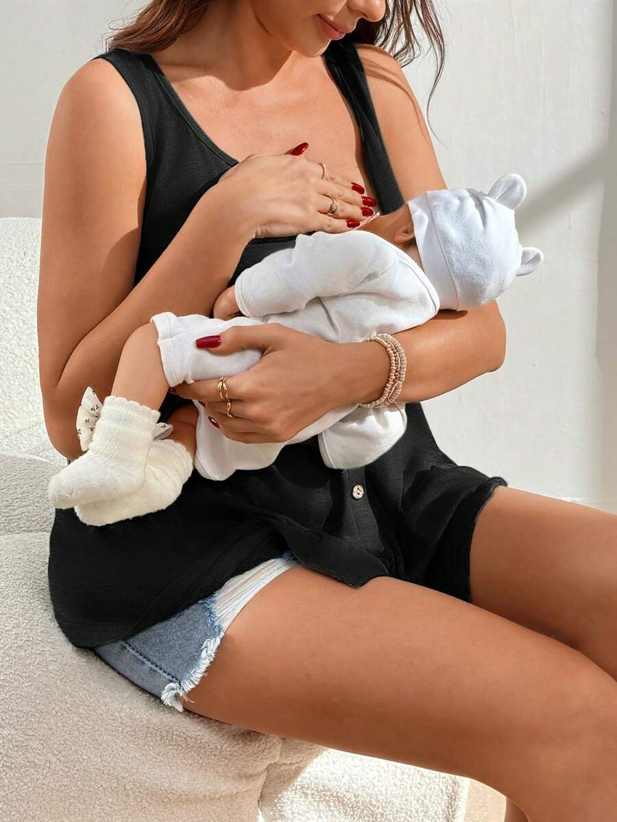 Black Nursing Maternity Tank Top with Scoop Neck and Lace Up Detail Slim Fit High Stretch Postpartum Sleeveless Vest for Home Casual Wear