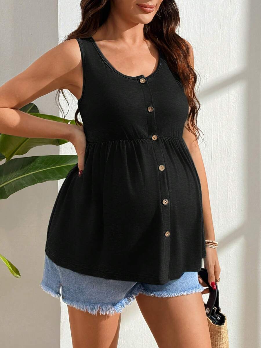 Black Nursing Maternity Tank Top with Scoop Neck and Lace Up Detail Slim Fit High Stretch Postpartum Sleeveless Vest for Home Casual Wear