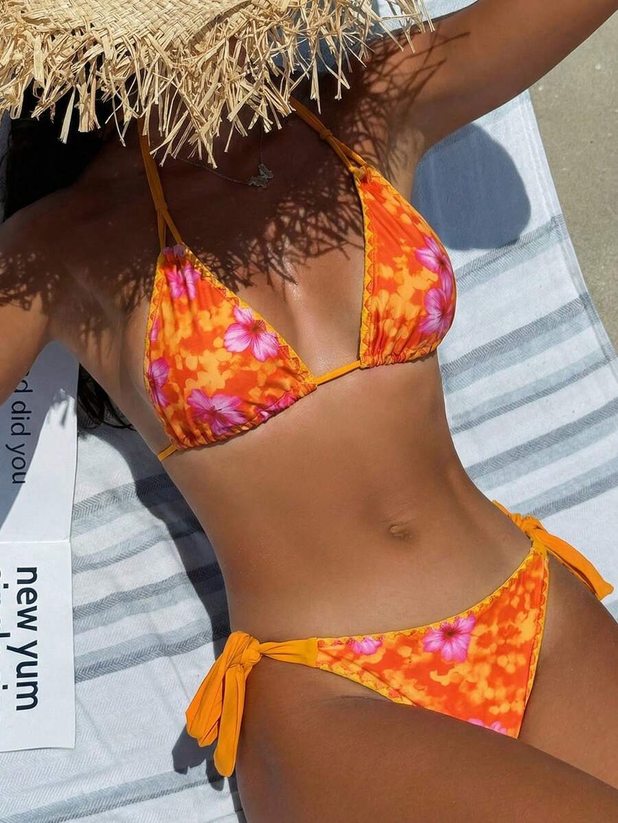 Swim Vcay Women's Tropical Plant Print Halter Neck Tie Sexy Bikini Set For Summer Beach, Random Print