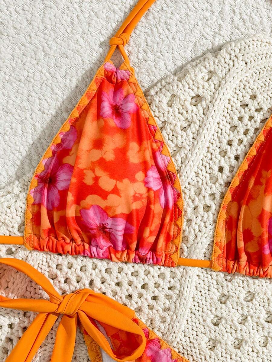 Swim Vcay Women's Tropical Plant Print Halter Neck Tie Sexy Bikini Set For Summer Beach, Random Print