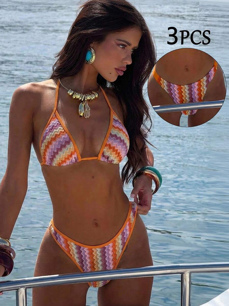 Swim Vcay Women's Swimwear Set, Fashionable Polka Dot Print Trim, Backless, Spaghetti Straps, Tie Waist, Triangle Swim Bottoms, Beach, Casual