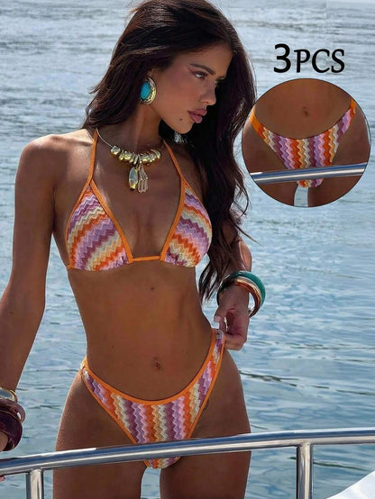 Swim Vcay Women's Swimwear Set, Fashionable Polka Dot Print Trim, Backless, Spaghetti Straps, Tie Waist, Triangle Swim Bottoms, Beach, Casual