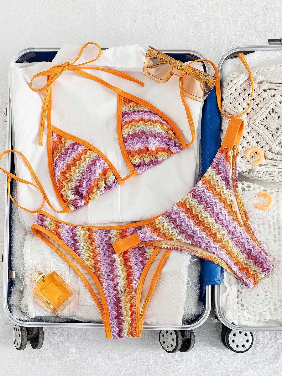 Swim Vcay Women's Swimwear Set, Fashionable Polka Dot Print Trim, Backless, Spaghetti Straps, Tie Waist, Triangle Swim Bottoms, Beach, Casual