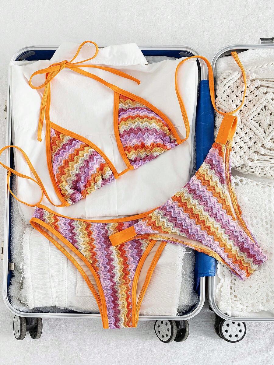 Swim Vcay Women's Swimwear Set, Fashionable Polka Dot Print Trim, Backless, Spaghetti Straps, Tie Waist, Triangle Swim Bottoms, Beach, Casual