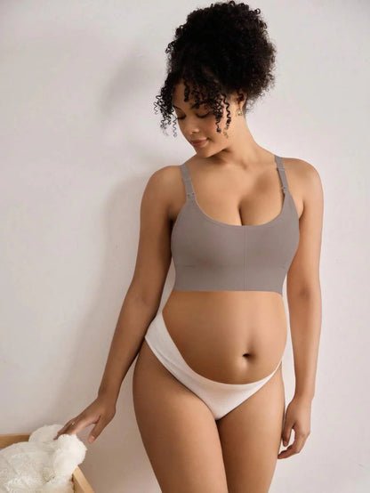 Seamless Grey Maternity and Nursing Bra - Wireless Knitted Comfort Crop Top with Adjustable Straps for Daily Wear