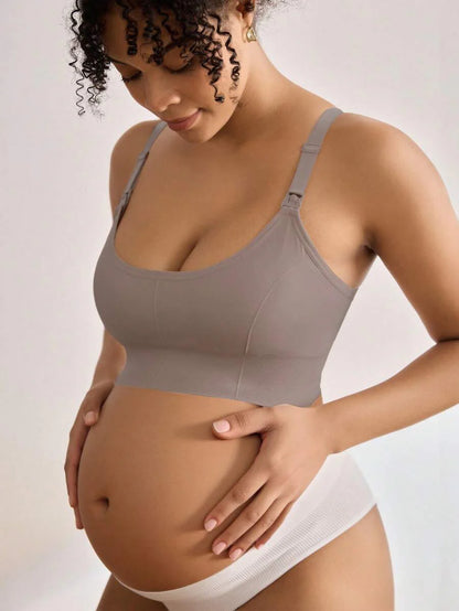 Seamless Grey Maternity and Nursing Bra - Wireless Knitted Comfort Crop Top with Adjustable Straps for Daily Wear