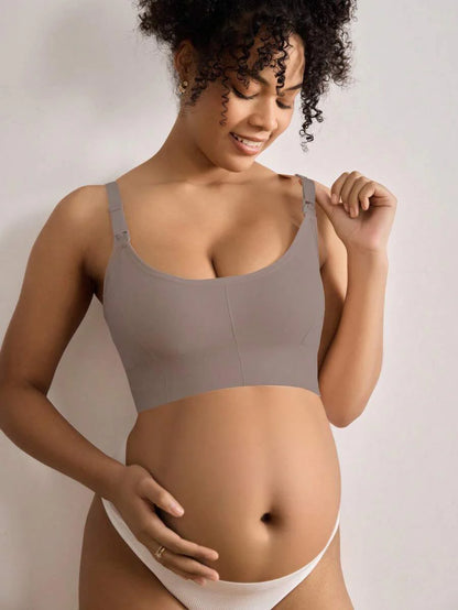 Seamless Grey Maternity and Nursing Bra - Wireless Knitted Comfort Crop Top with Adjustable Straps for Daily Wear