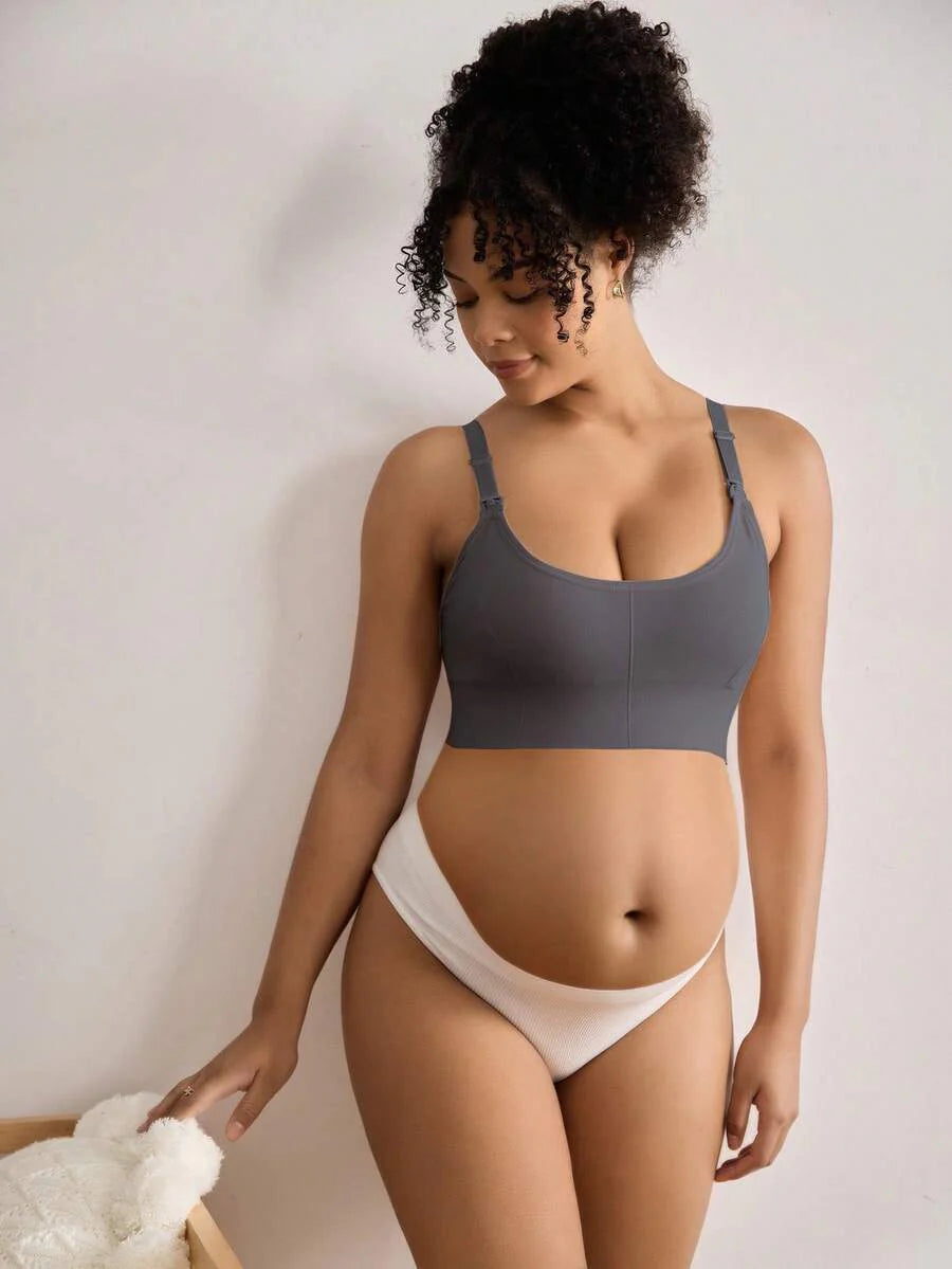 Seamless Grey Maternity and Nursing Bra - Wireless Knitted Comfort Crop Top with Adjustable Straps for Daily Wear