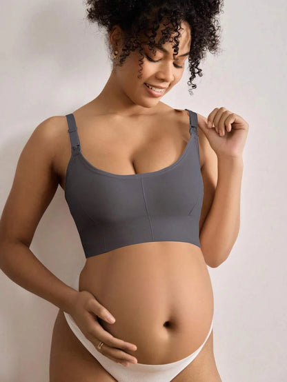 Seamless Grey Maternity and Nursing Bra - Wireless Knitted Comfort Crop Top with Adjustable Straps for Daily Wear
