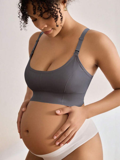 Seamless Grey Maternity and Nursing Bra - Wireless Knitted Comfort Crop Top with Adjustable Straps for Daily Wear