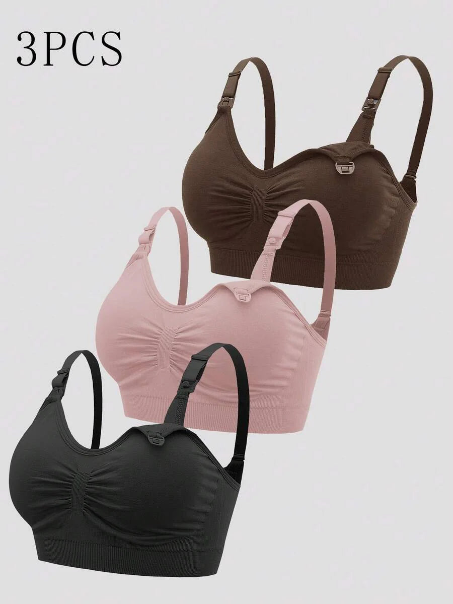 3PCS Maternity Nursing Bras Set Women Simple Solid Color Comfortable Breastfeeding Bra Set