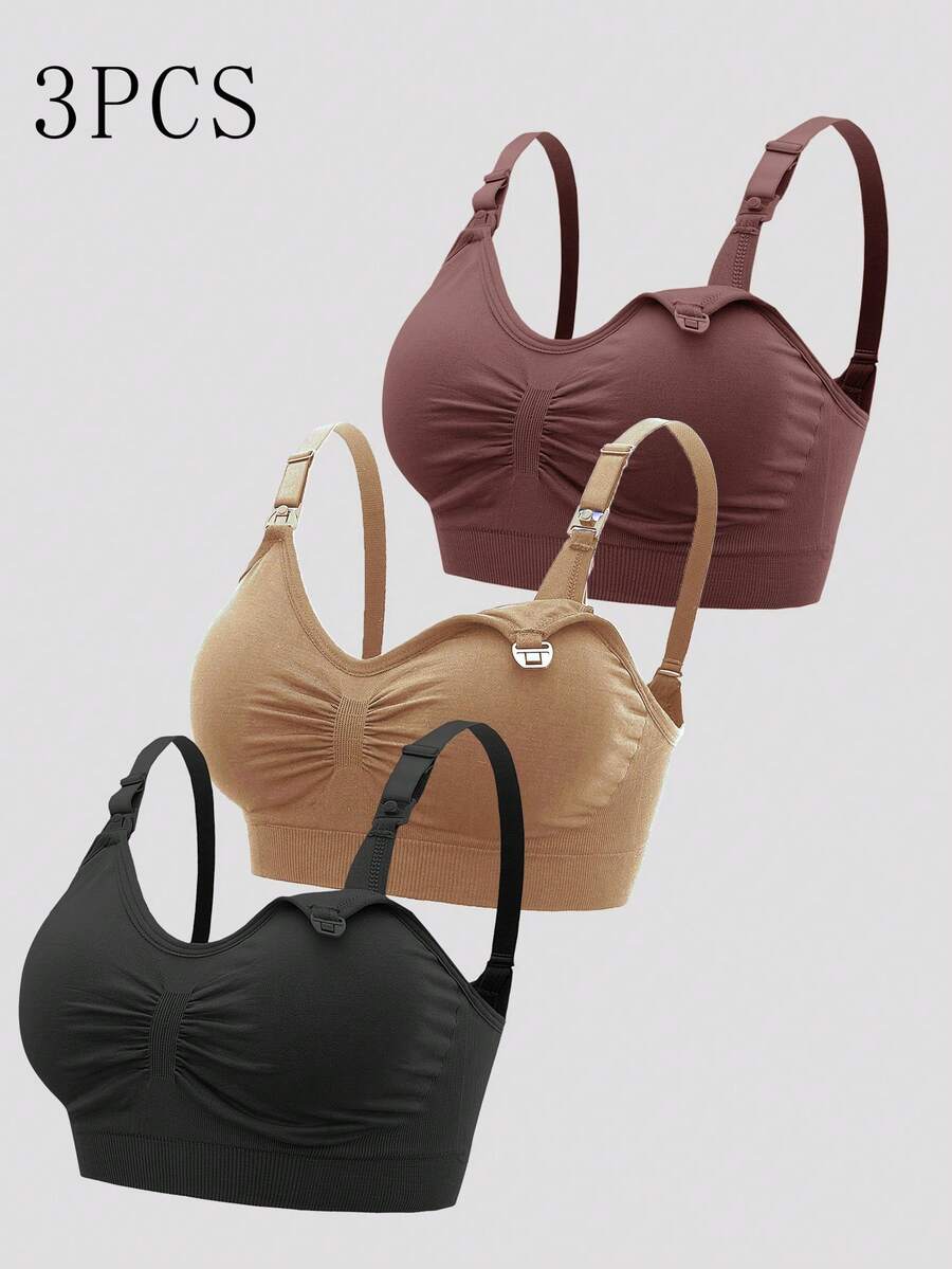3PCS Maternity Nursing Bras Set Women Simple Solid Color Comfortable Breastfeeding Bra Set