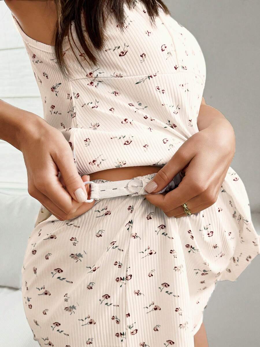 2 Piece Ribbed Floral Lace V Neck Maternity Pajama Set Women Knit Cami Sleepwear