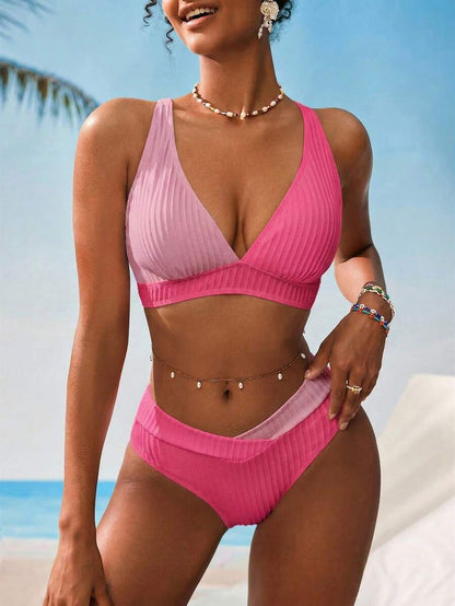Swim Vcay Women V-Neck Textured Striped Bikini Set For Summer Beach Vacation