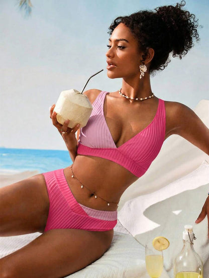 Women's V-Neck Textured Tankini Set - Ruched, Spaghetti Strap, High Waist, Multicolor