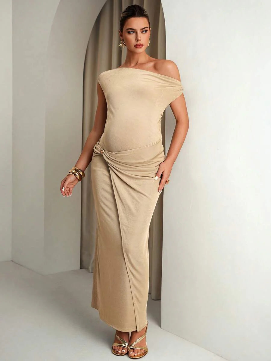 Maternity Solid Color Asymmetric-Shoulder Fitted Elegant Formal Summer Dress For Pregnant Women,Baby Shower Luxury Evening Wedding Guest Tie Dye