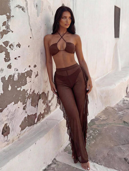 Swim Vcay 3pcs Set New Navy Blue Spring/Summer Halter Backless Crop Top, Trousers And Ruffle Hem Mesh Beach Pants Casual Vacation Bikini Swimwear For Women