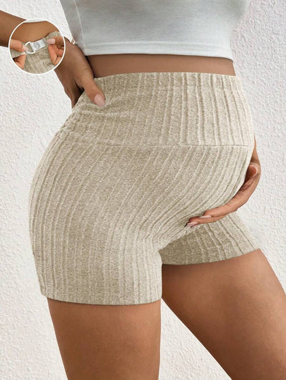 Maternity Adjustable Ultra High Waist Ribbed Shorts - Solid Color Elastic Waist Casual Mini Track Shorts