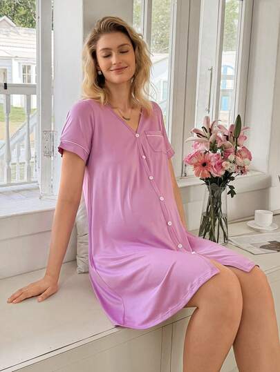 Maternity Dress - V Neck Short Sleeve Single Breasted Casual Nursing Sleepwear, Pregnancy Lounge