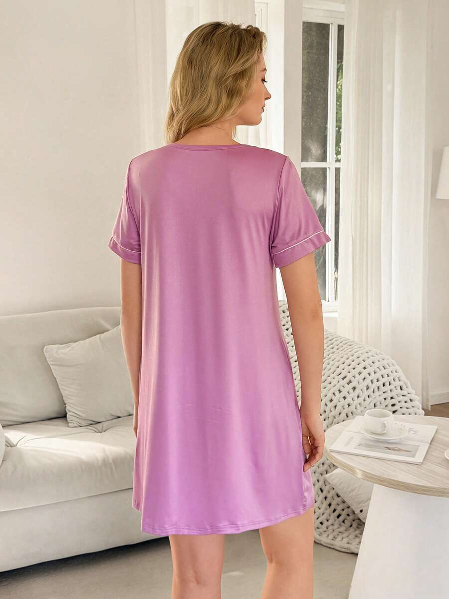 Pink V-Neck Maternity Loungewear Dress - Short Sleeve Knee Length Slim Fit Sleepshirt with Pockets - High Stretch Knitted Summer House Dress