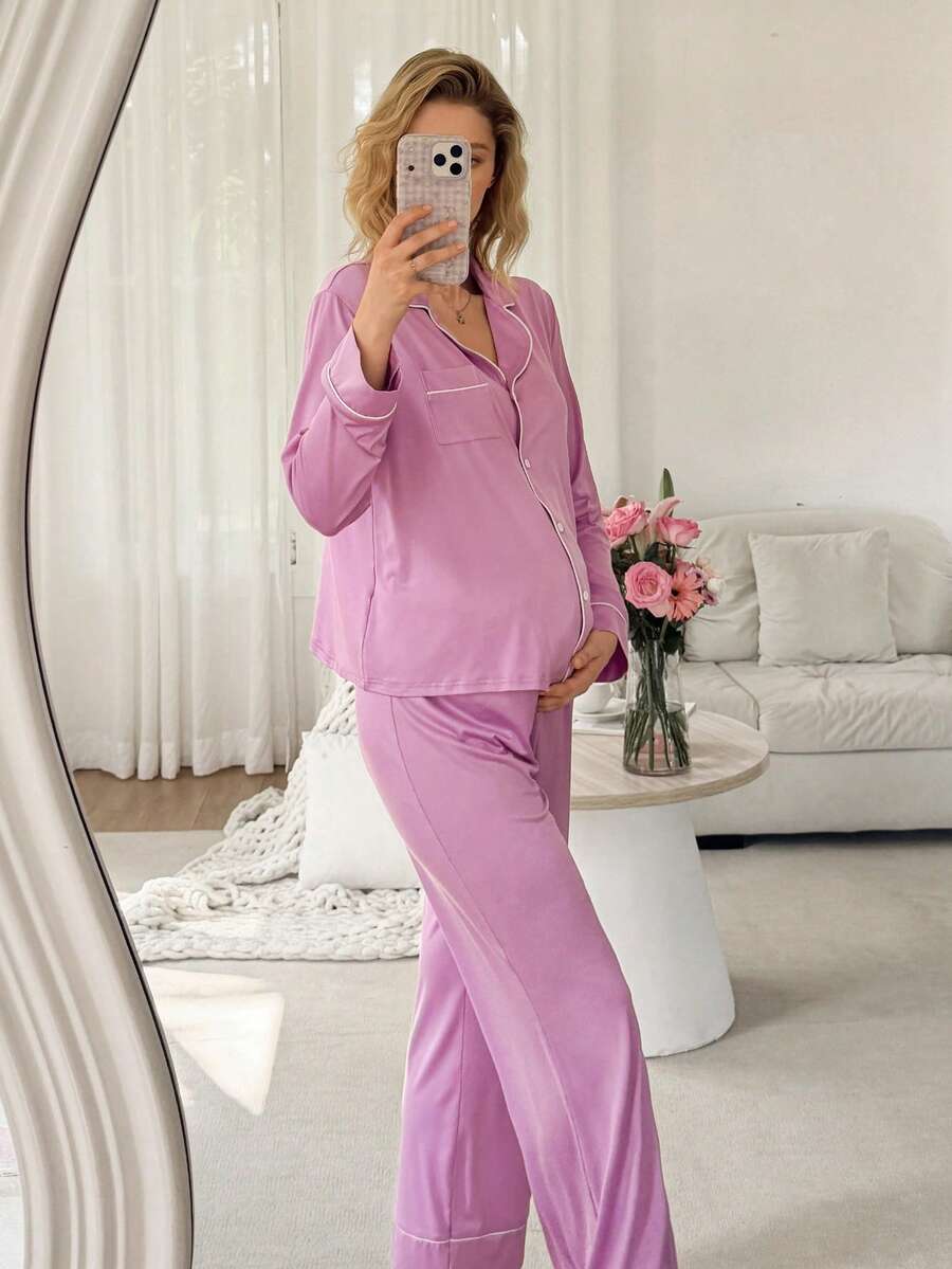 Maternity Nursing Sleepwear Set - Black Colorblock Long Sleeve Top and Pants - Casual 2 Piece Nursing Pajamas for Fall and Winter