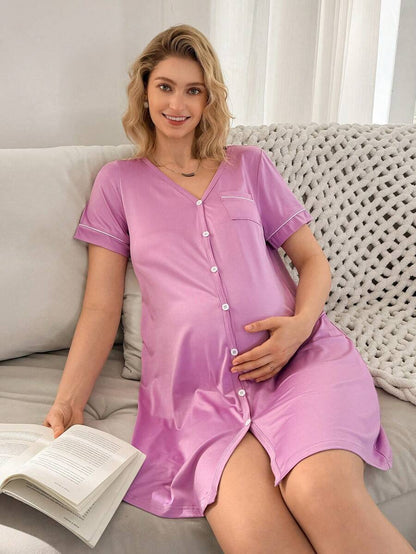 Maternity Dress - V Neck Short Sleeve Single Breasted Casual Nursing Sleepwear, Pregnancy Lounge
