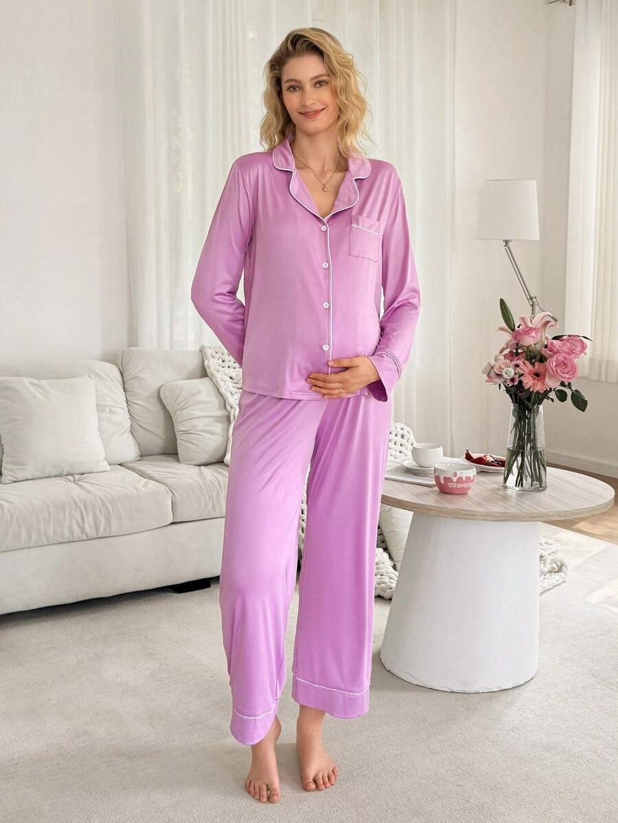 Maternity Nursing Sleepwear Set - Black Colorblock Long Sleeve Top and Pants - Casual 2 Piece Nursing Pajamas for Fall and Winter