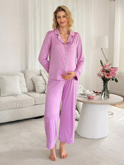Maternity Nursing Sleepwear Set - Black Colorblock Long Sleeve Top and Pants - Casual 2 Piece Nursing Pajamas for Fall and Winter