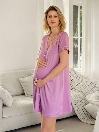 Pink V-Neck Maternity Loungewear Dress - Short Sleeve Knee Length Slim Fit Sleepshirt with Pockets - High Stretch Knitted Summer House Dress