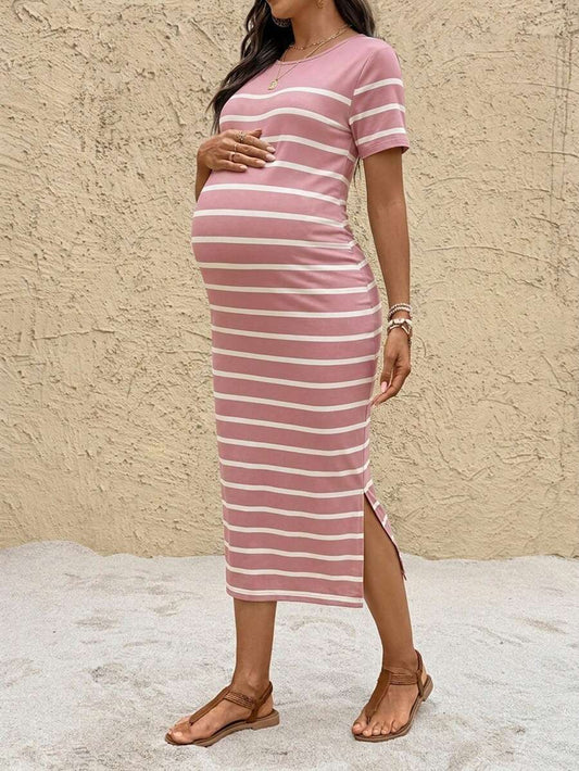 Maternity Striped Round Neck Short Sleeve Midi Dress Casual Slim Fit Bodycon with Side Slit Hem