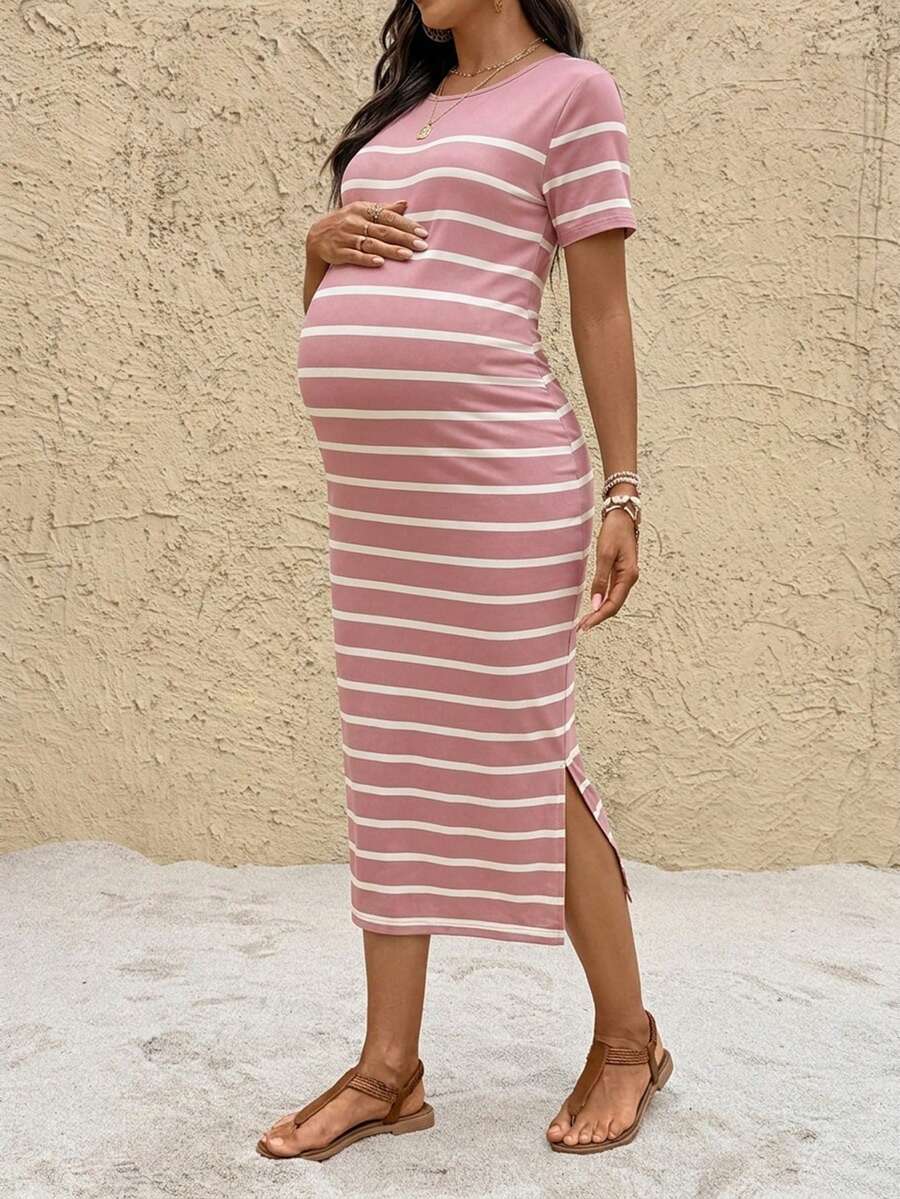 Maternity Striped Crew Neck Short Sleeve Midi Dress Casual Side Split Bodycon Dress for Summer and Evening Wear