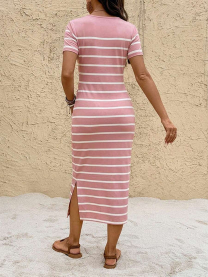 Maternity Striped Crew Neck Short Sleeve Midi Dress Casual Side Split Bodycon Dress for Summer and Evening Wear