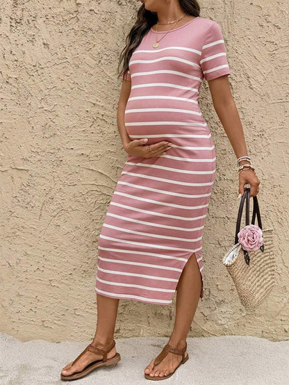 Maternity Striped Round Neck Short Sleeve Midi Dress Casual Slim Fit Bodycon with Side Slit Hem