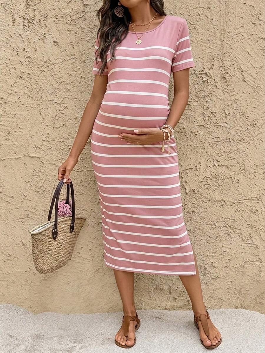 Maternity Striped Crew Neck Short Sleeve Midi Dress Casual Side Split Bodycon Dress for Summer and Evening Wear